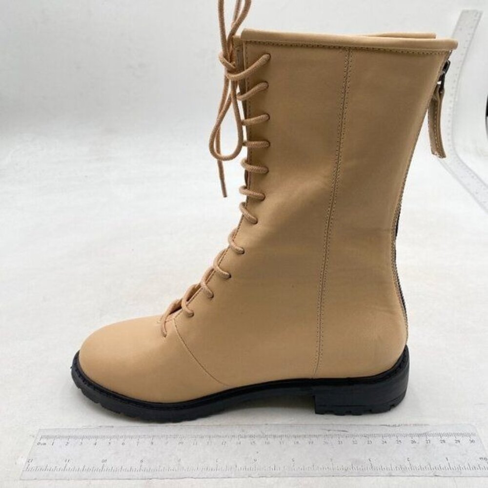 Women Stylish Mid Calf Boots Chunky Low Flat Heel Lace-Up Closed Toe Gream Shoes